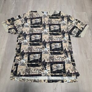 Columbia Sportswear Vintage Fish Print Polo Shirt Mens Large Tan Black Cotton